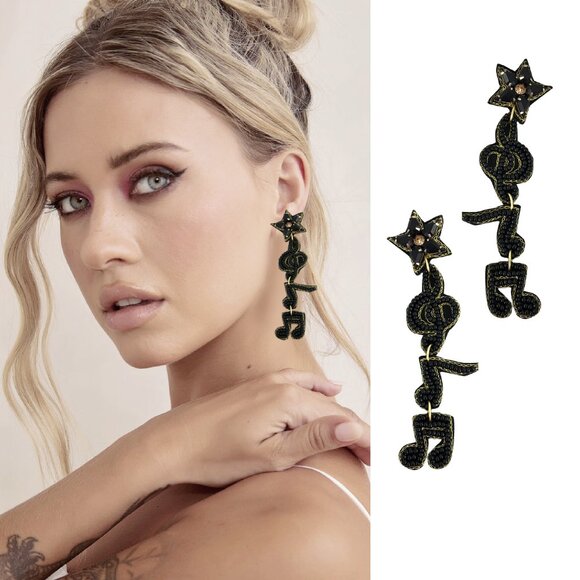 Music Musical Notes Musician Singer Gift Beaded Black Drop Earrings - Picture 1 of 3